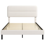 Bettgestell 140 x 200 cm mit verstellbarem Kopfteil, Polsterbett in Leinenoptik mit 12 Sperrholzlatten, Beige