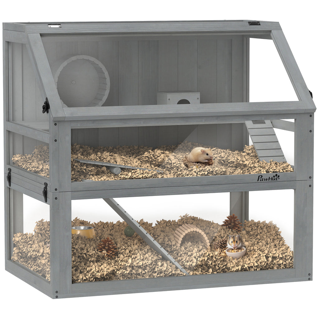 Hamsterkäfig Holz, 3 Etagen mit Tiefem Untergeschoss, Abnehmbare Ebenen, Für Kleintiere, 80x50x76cm, Hellgrau