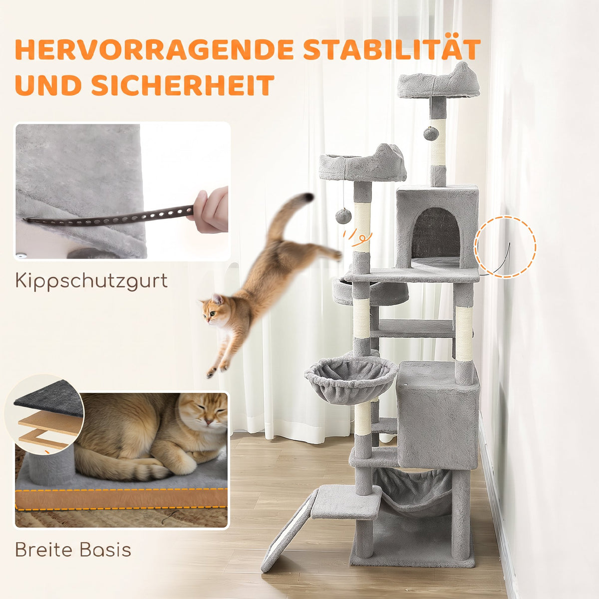 Cat Tree, 192 cm Large Multi-Level Cat Tower for Indoor Kittens with 8 Scratching Posts, 3 Plush Beds, 2 Hammocks