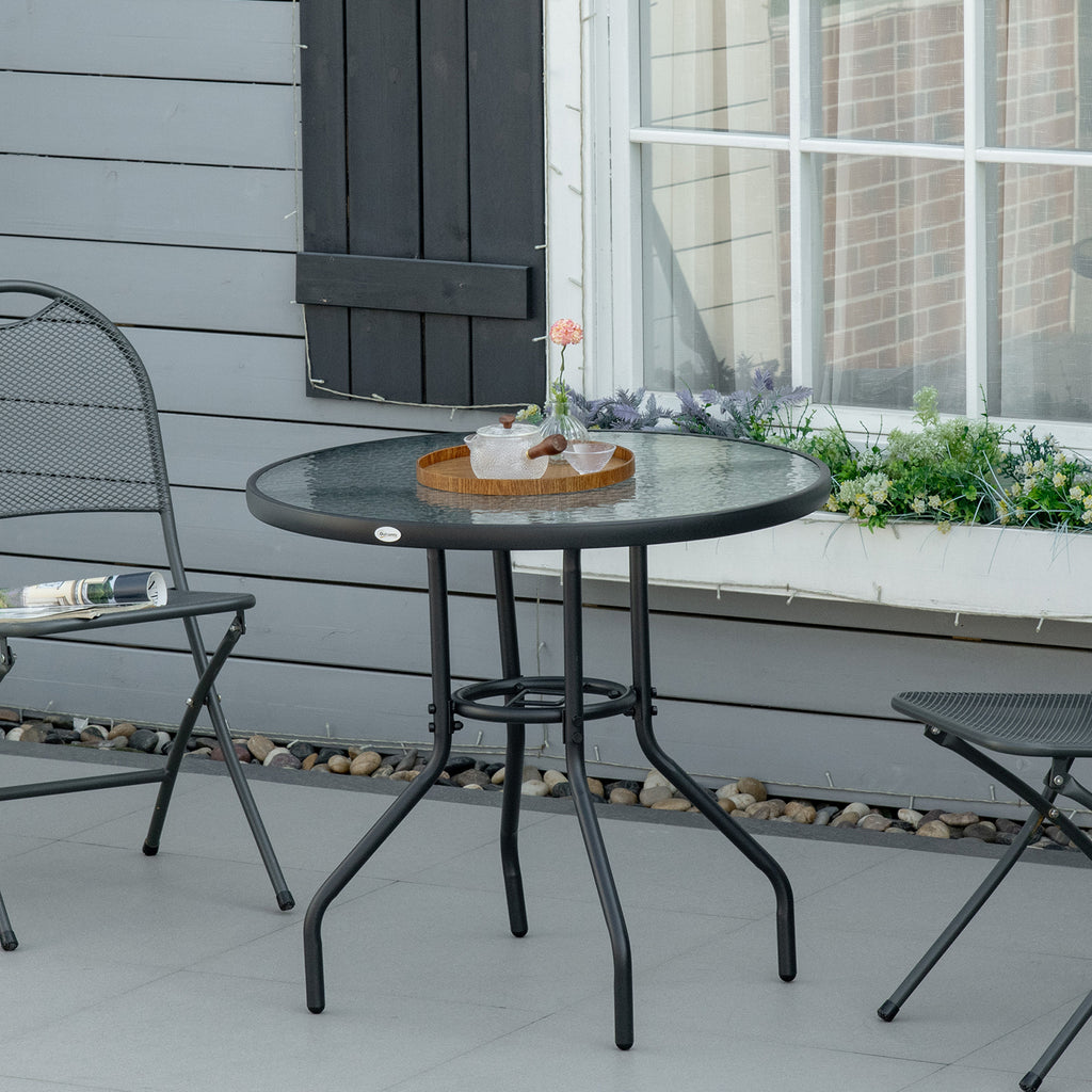 80 cm Round Dining Table with Parasol Hole, Outdoor Coffee End Side Table with Tempered Glass Top, Steel Frame for Garden, Black