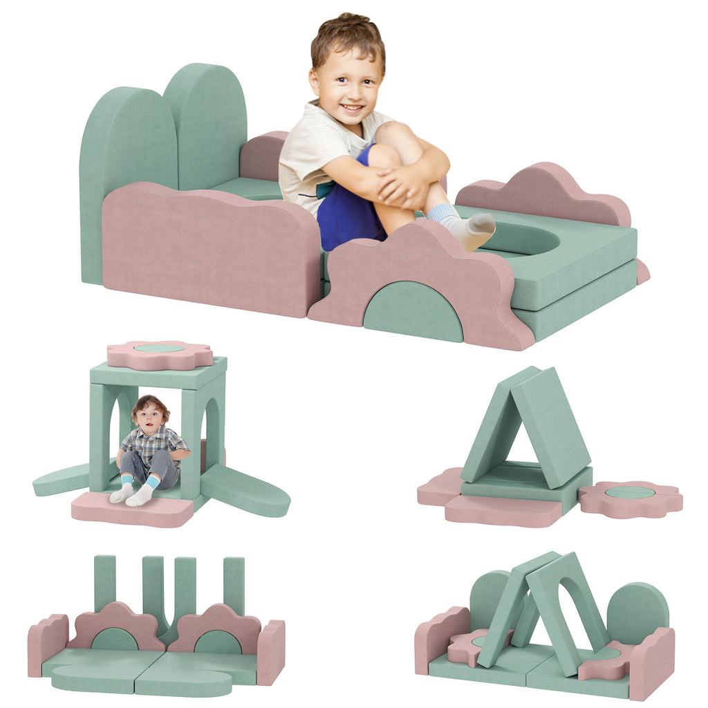 12-teiliges Set Schaumstoffbl?cke zum Klettern, Bauen, Krabbeln, Indoor-Spielmatten mit Cordbezug, Gr¨¹n+Rosa