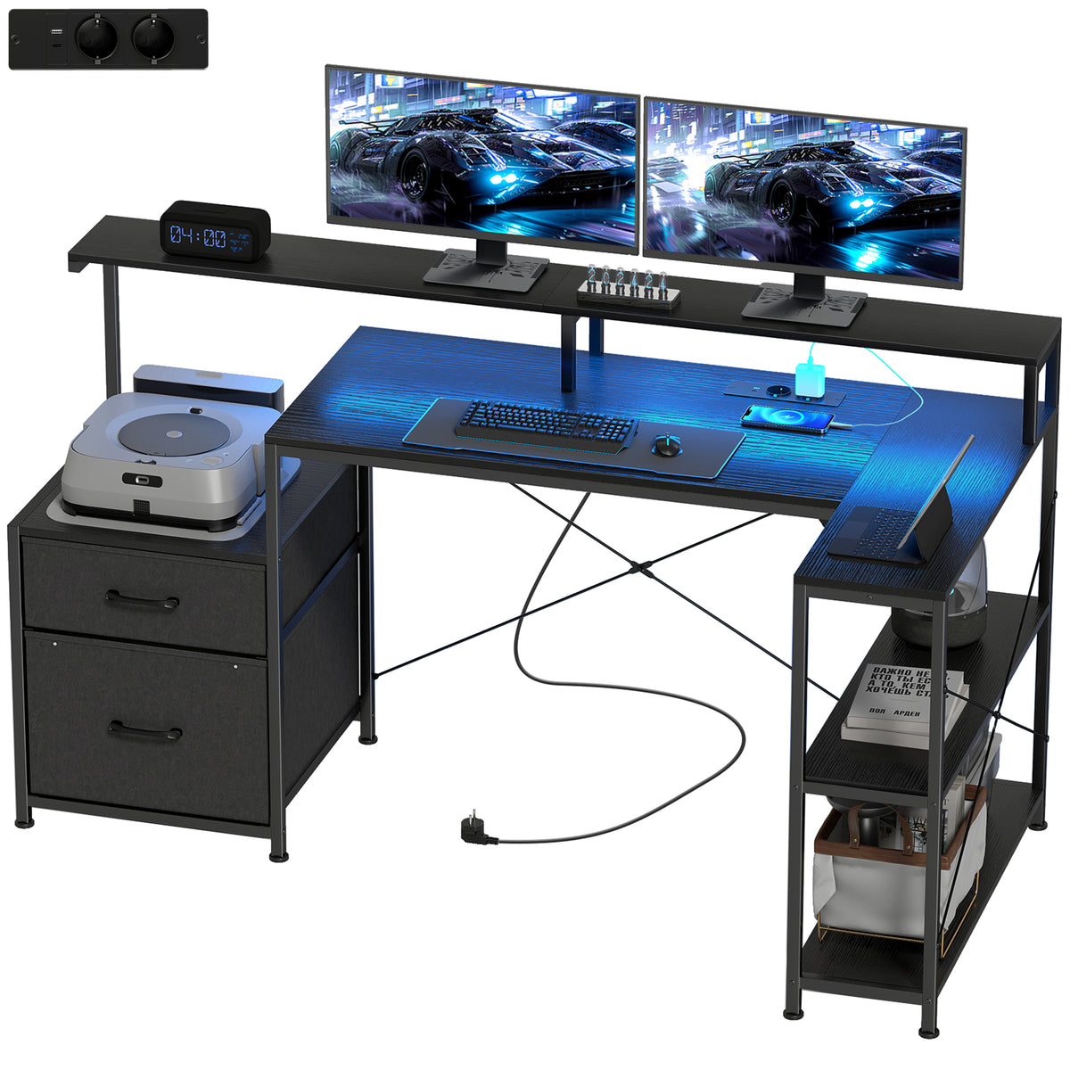Gaming Tisch L-förmiger Schreibtisch mit LED & Steckdosen, mit Doppelmonitorständer, 165x80x91,5 cm, Schwarze Holzoptik