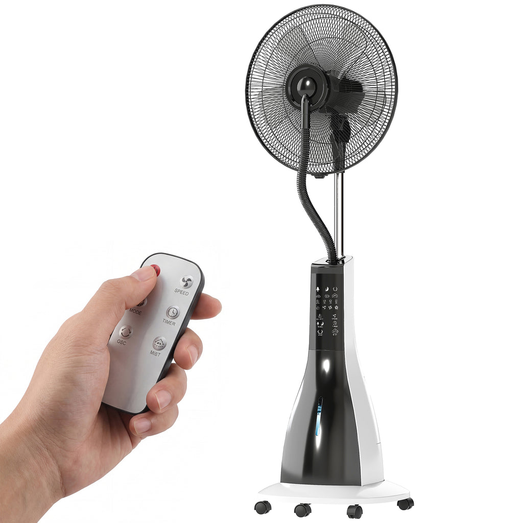 Ventilator mit Sprühnebel-Funktion, 75 Grad drehbar, 3 Geschwindigkeiten, 3 Modi, 3-Liter-Wassertank, Schwarz+Weiß
