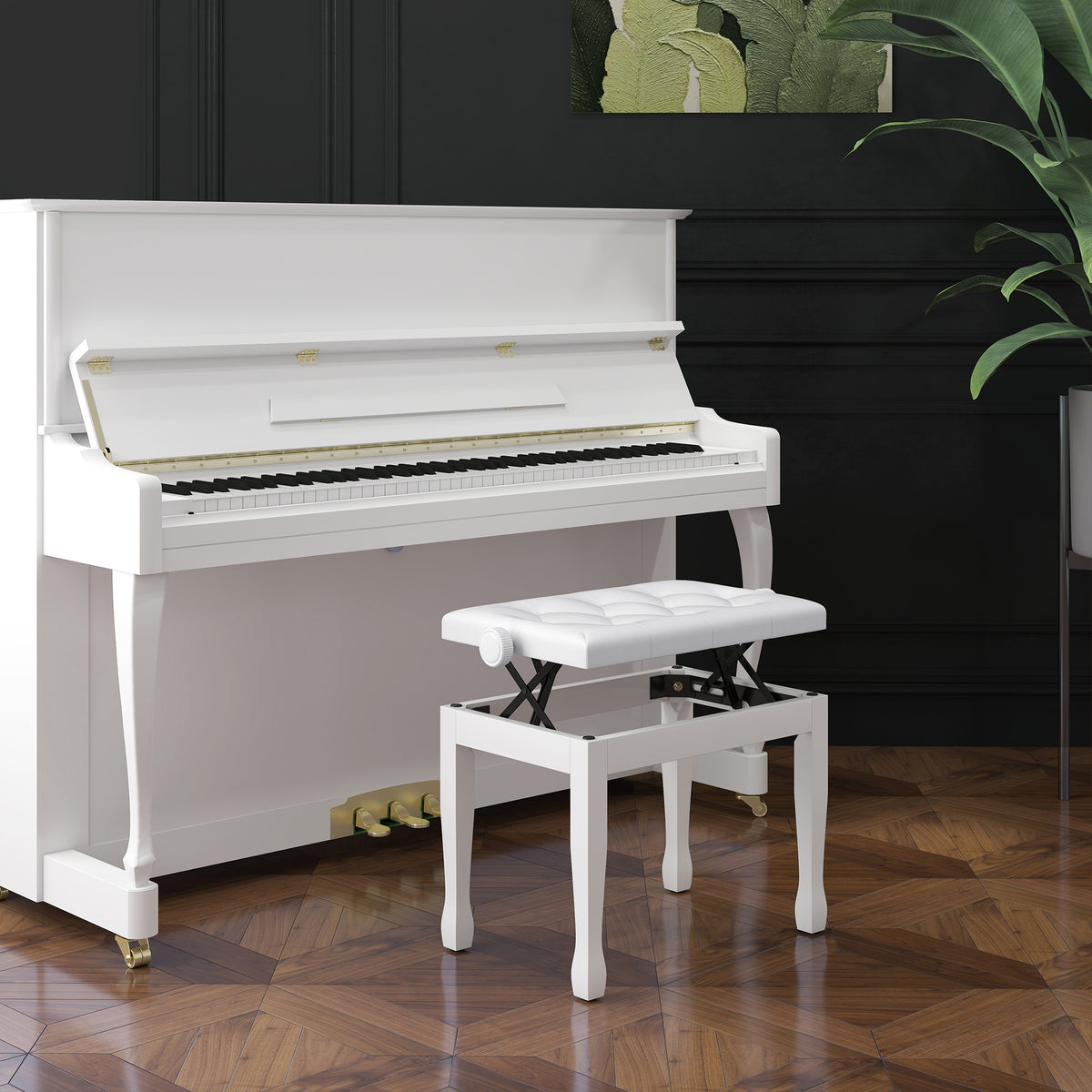 Klavierhocker Höhenverstellbar Klavierbank, Pianobank mit Kunstleder Kissen für Piano Keyboard 64 x 35 x 45-55 cm Weiß