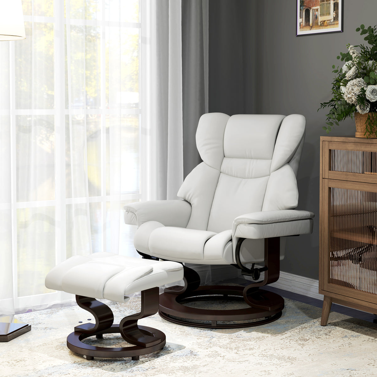 Relaxsessel mit Massagefunktion und Fu?hocker, Liegesessel, Kunstleder, 79 x 82 x 101 cm, Cremewei?