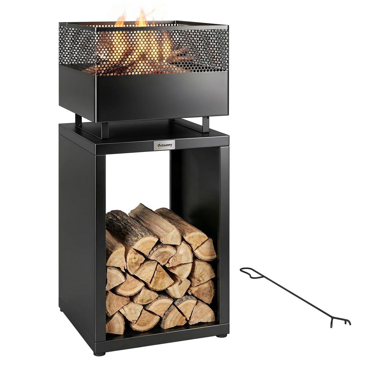 Outdoor Fire Pit with Wood Storage Wood Burning Firepit with Mesh Sides 87 cm Black