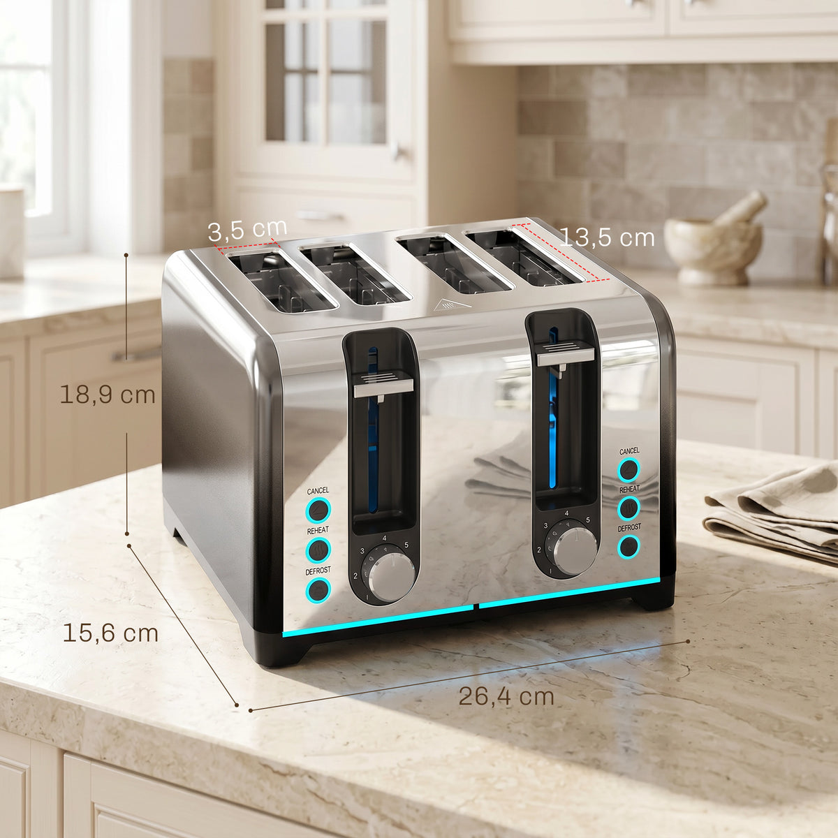 4-Scheiben-Toaster mit 7 Bräunungsstufen, Aufwärm-, Auftau- und Abbruchfunktion
