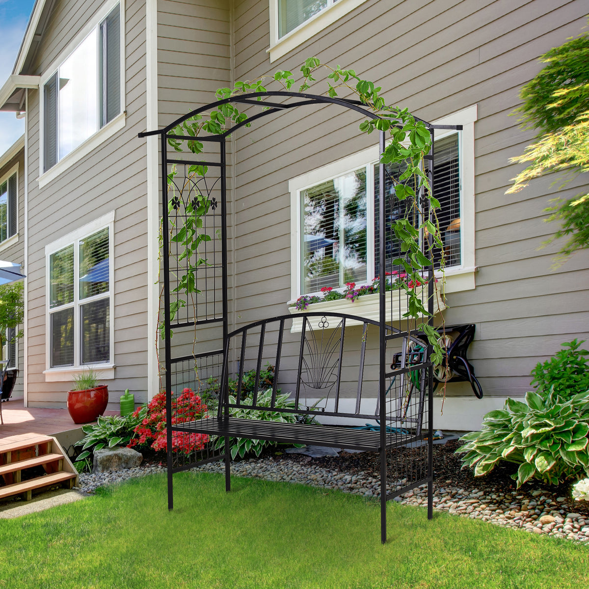  Steel Frame Outdoor Garden Arch w/ 2-Seater Bench Flower Climber Black