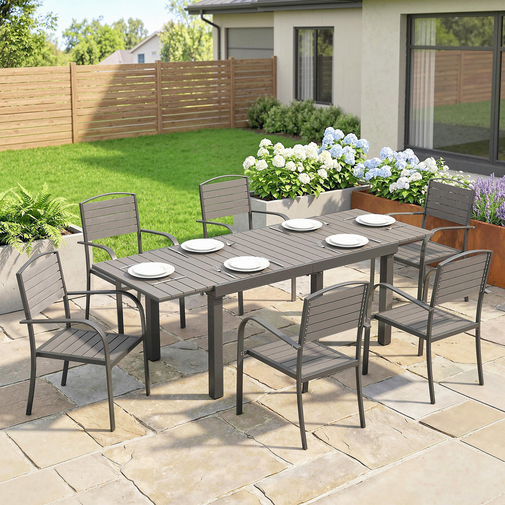 Gartenmöbel Set Sitzgruppe 7-teilig Ausziehbar Tisch mit 6 stapelbaren Stühlen Holzoptik Lamelldesign Aluminiumrahmen