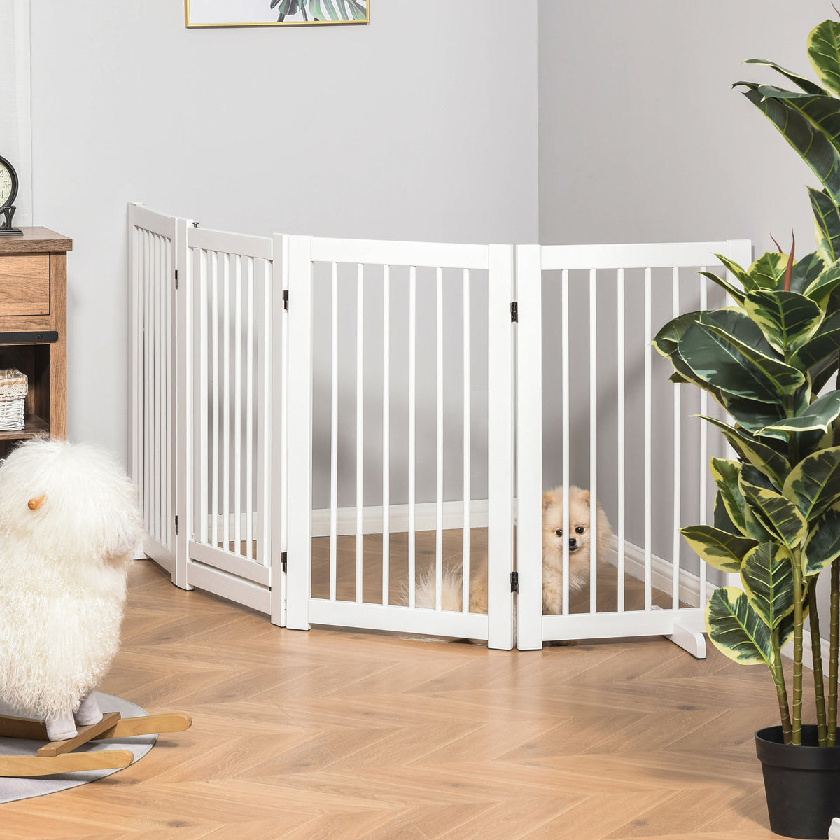 Absperrgitter Hund Freistehendes Schutzgitter mit Füßen 204 x 75 cm Holz Hundegitter Treppenschutzgitter Türschutzgitter Treppengitter für Treppen, Türen, Küche, Flur, 4 Paneelen, Weiß