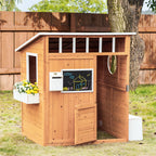 Kinderspielhaus aus Naturholz, mit Briefkasten und Blumenkasten, Natur