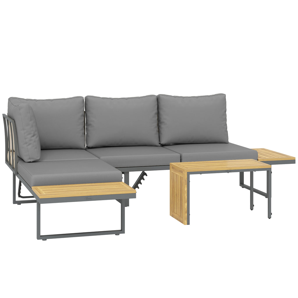 Außenmöbel-Set, auf 6 Sitze erweiterbar, L-förmige Outdoor-Sitzecke mit Tischen, Stahlrahmen, verstellbare Lehnen, Grau