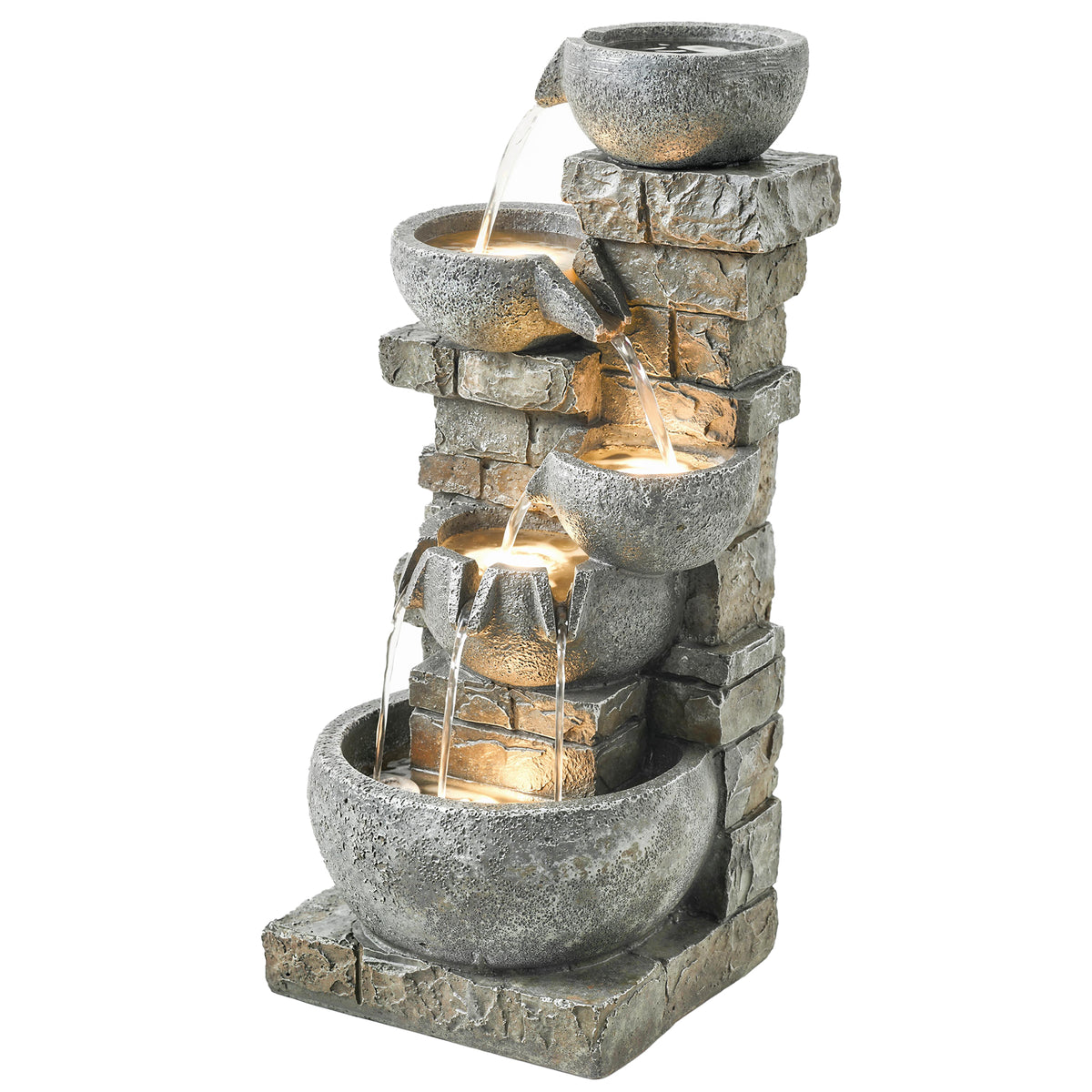Springbrunnen Outdoor aus Kunstharz fünfstöckig Gartenbrunnen mit LED Beleuchtung Pumpe Steinoptik 34 x 36 x 80 cm