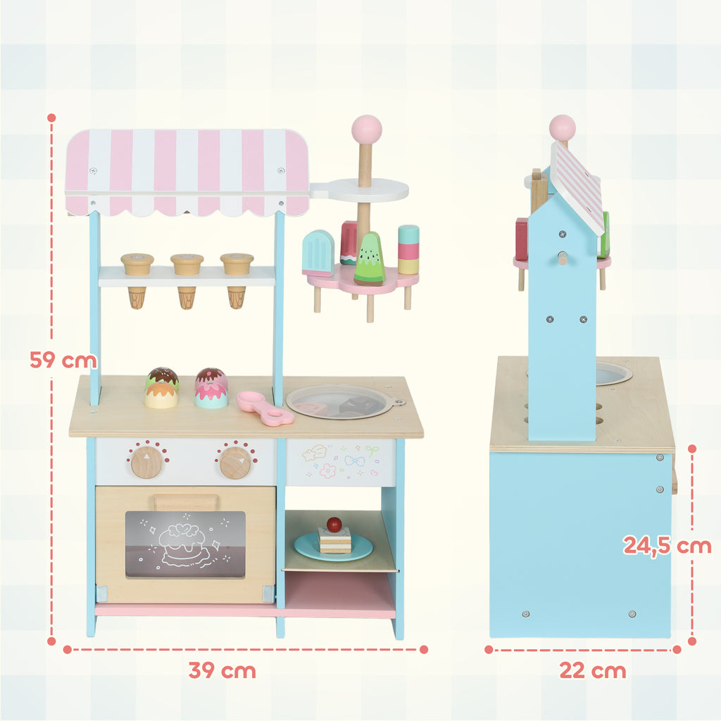 Eiswagen für Kinder Eisdiele Kinder 17 Stück Eis Kinderküche mit 17 Zubehörteile, Ofen, MDF, Hellblau