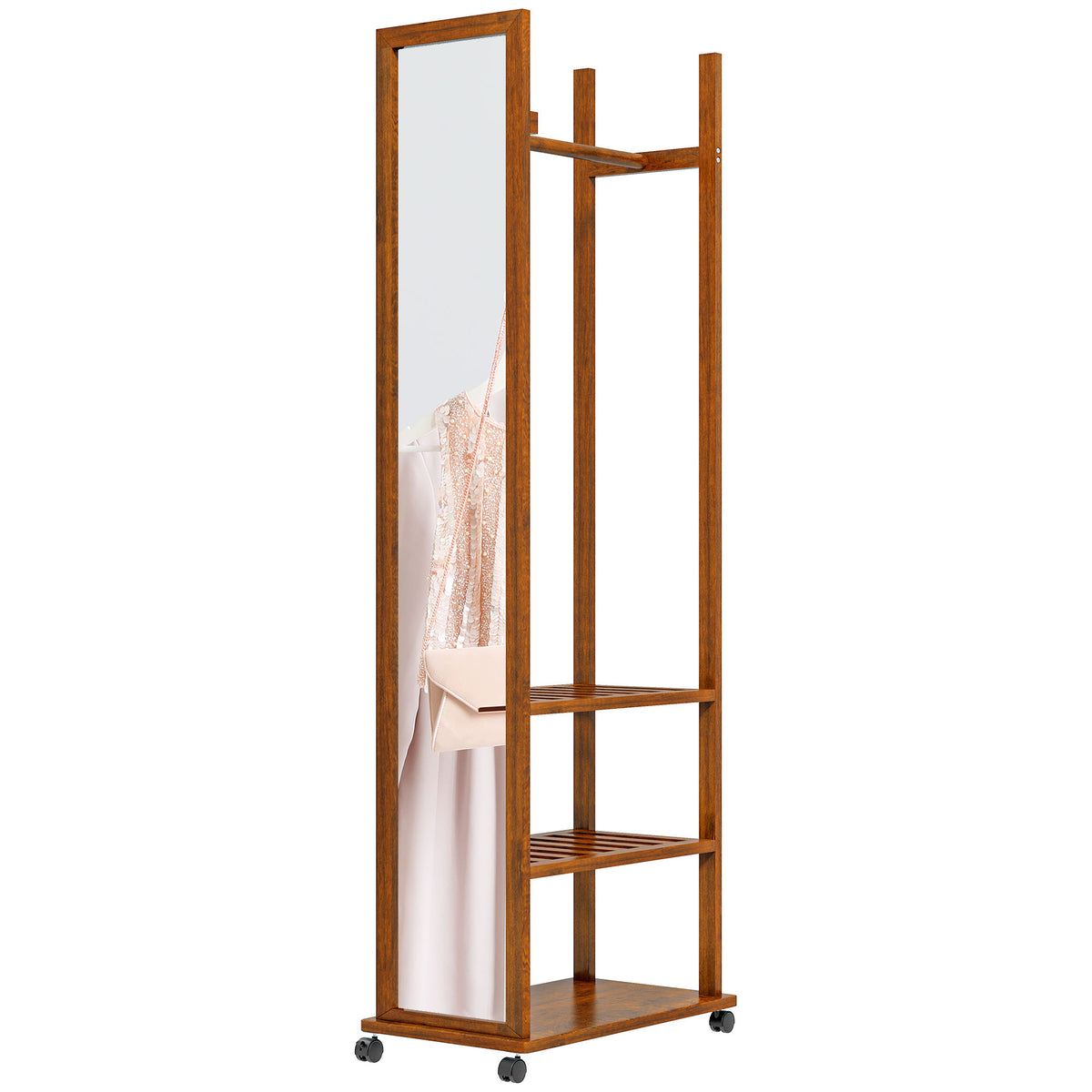 2-in-1-Spiegel Spiegel Ganzk?rperspiegel Garderobe, 1 Kleiderstange, 3 Regale, 35,8 x 59,8 x 170 cm, Natur
