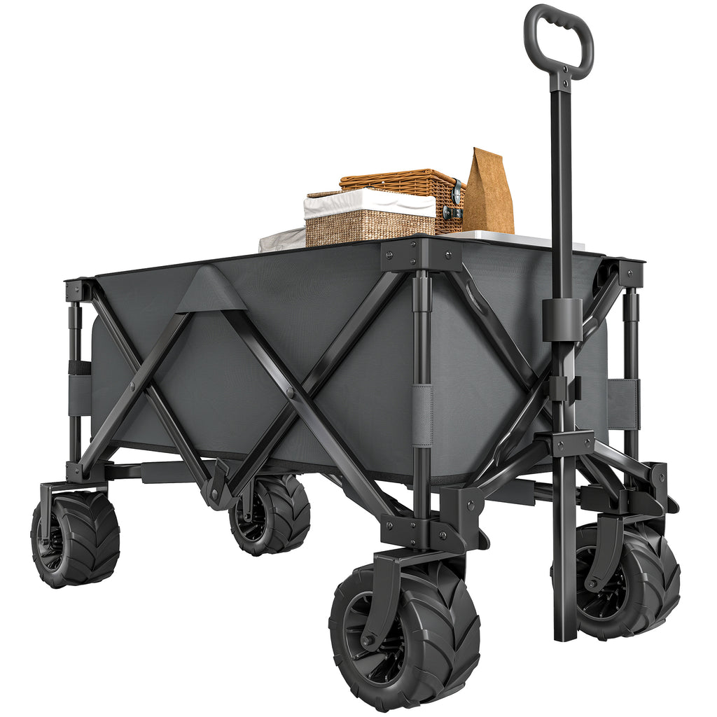 Outdoor Pull Along Cart Folding Cargo Wagon Trailer Trolley for Beach Garden with Handle, Anti-Slip Wheel - Dark Grey