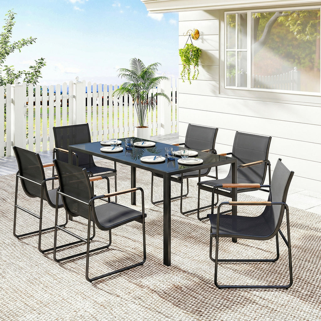 Gartenmöbel Set Sitzgruppe 150 x 80cm Glastisch mit 6 Atmungsaktiven Stühlen Dekorative Armlehnen Schwarz