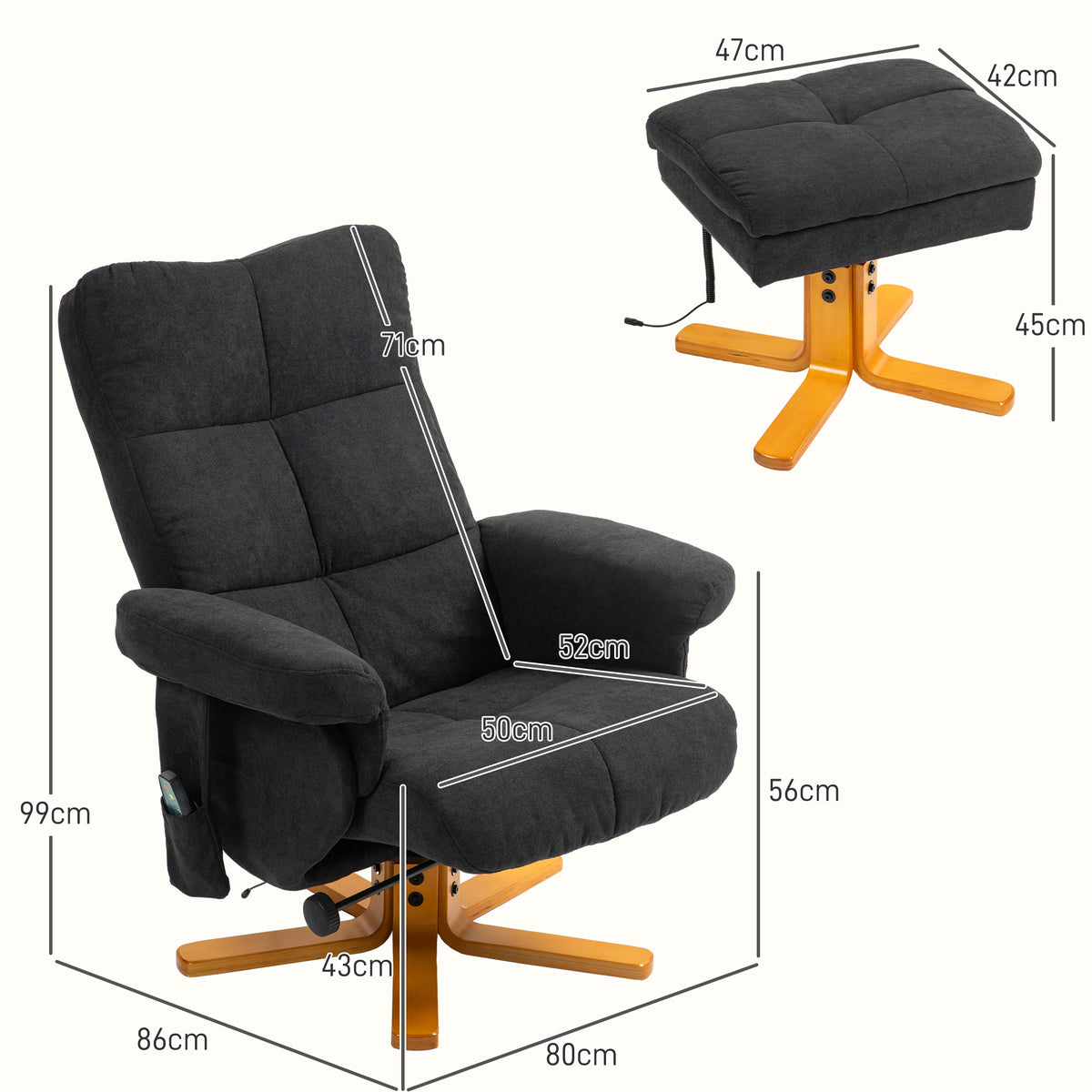 Massagesessel mit Liegefunktion und Fu?hocker, 145¡ã-Neigung, Polyester, 80 x 86 x 99 cm, Schwarz