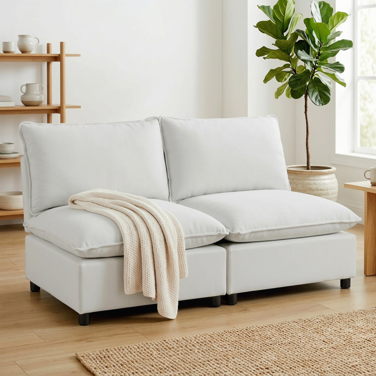 2-Sitzer-Sofa, 146 cm Kunstleder-Modularsofa mit breiter und tiefer Sitzfläche, dicken Kissen, einfache Montage, Grau