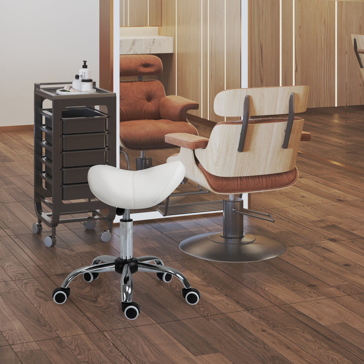 Cosmetic Stool 360° Rotate Height Adjustable Salon Massage Spa Chair Hydraulic Rolling Faux Leather Saddle Stool, Cream