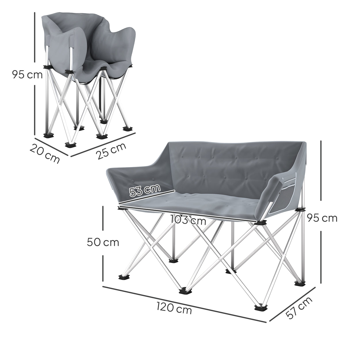 Faltstuhl 2 Sitzer faltbar Campingstuhl mit Armlehnen Seitentasche bis 240kg belastbar Grau