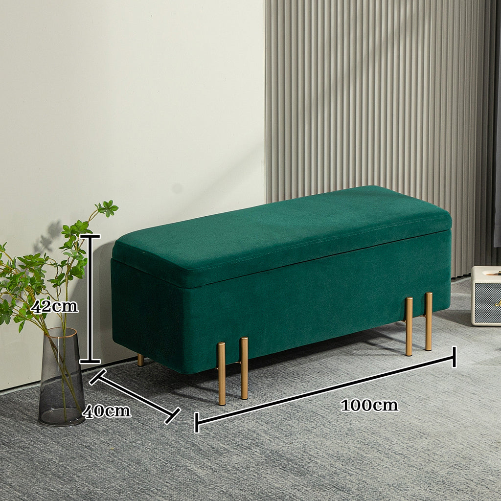 Sitzbank, Polsterbank mit Stauraum, Metall, Kautschukholz, Schaumstoff, 100 x 40 x 42 cm, Gr¨¹n