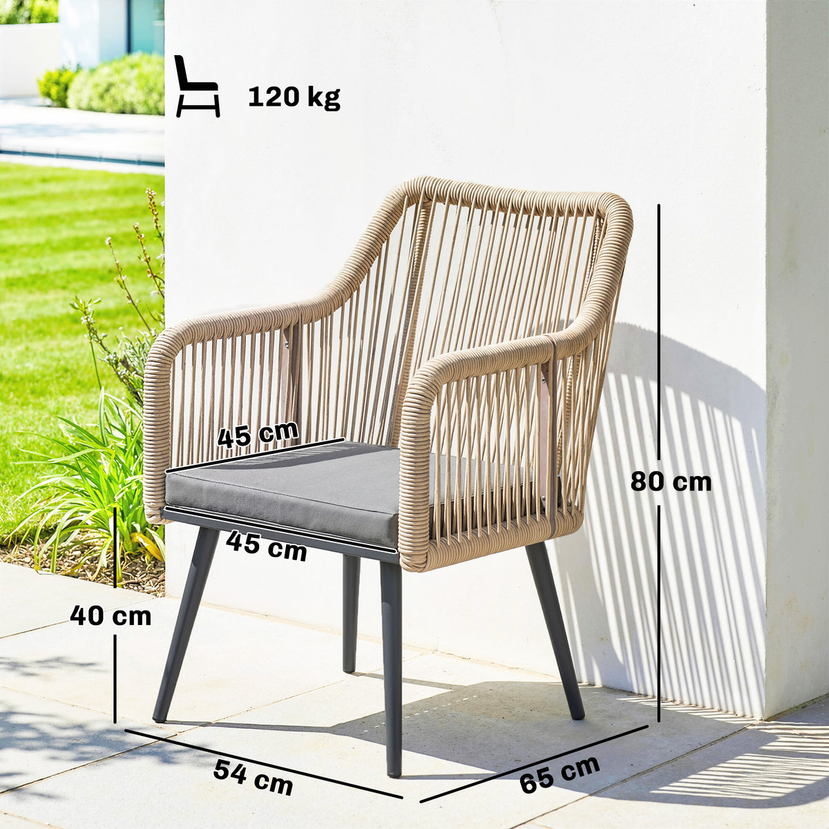 Gartenstuhl 2er Set wetterfest Gartenstühle mit Armlehne Sitzkissen Metallrahmen bis 120 kg belastbar Hellgrau