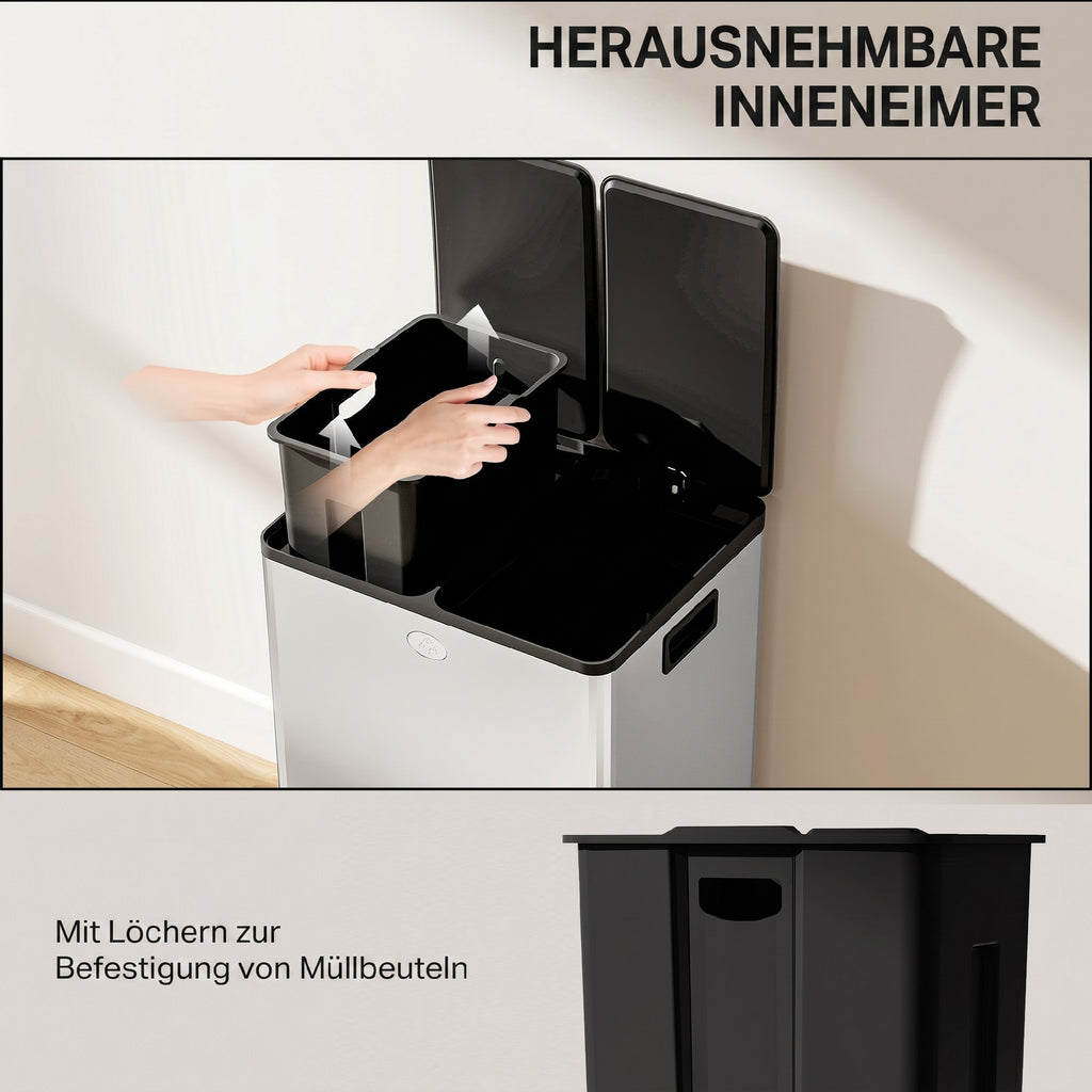 56L Dual Compartment Stainless Steel Bin, with Deodoriser Holders - Silver Tone