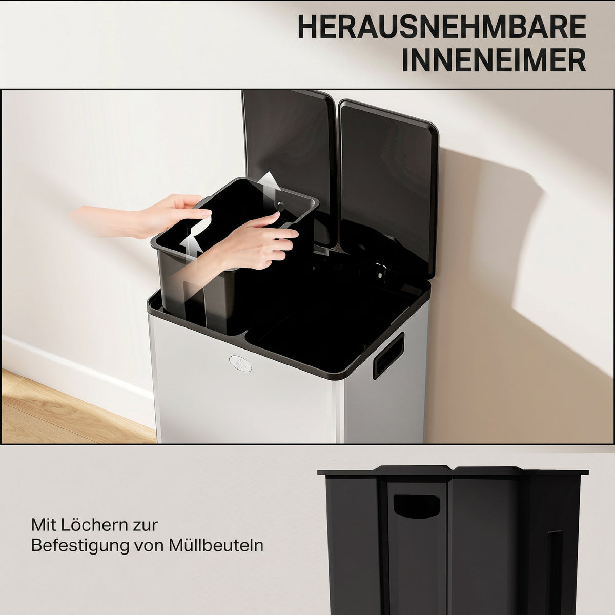 56L Dual Compartment Stainless Steel Bin, with Deodoriser Holders - Silver Tone