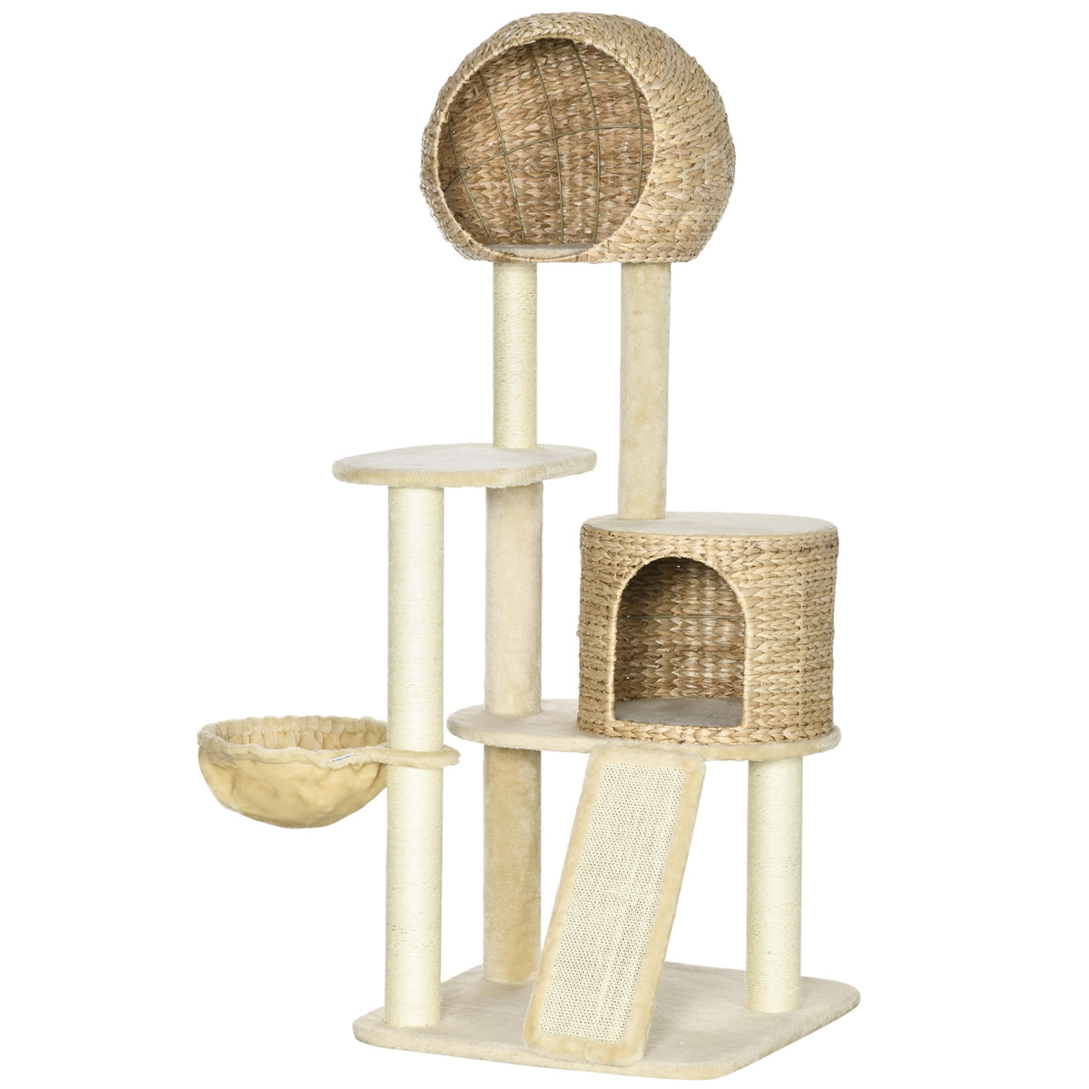 Kratzbaum, mit Katzenhaus, mehrere Plattformen, Hängematte, Kratzmatte, Kippschutz, beige, 60 x 60 x 150cm
