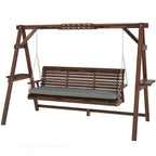 3 Seater Garden Swing Seat, Wooden Swing Chair Bench with Cushion, Side Trays and Metal Chains, for Outdoor Porch Patio, Carbonised Brown