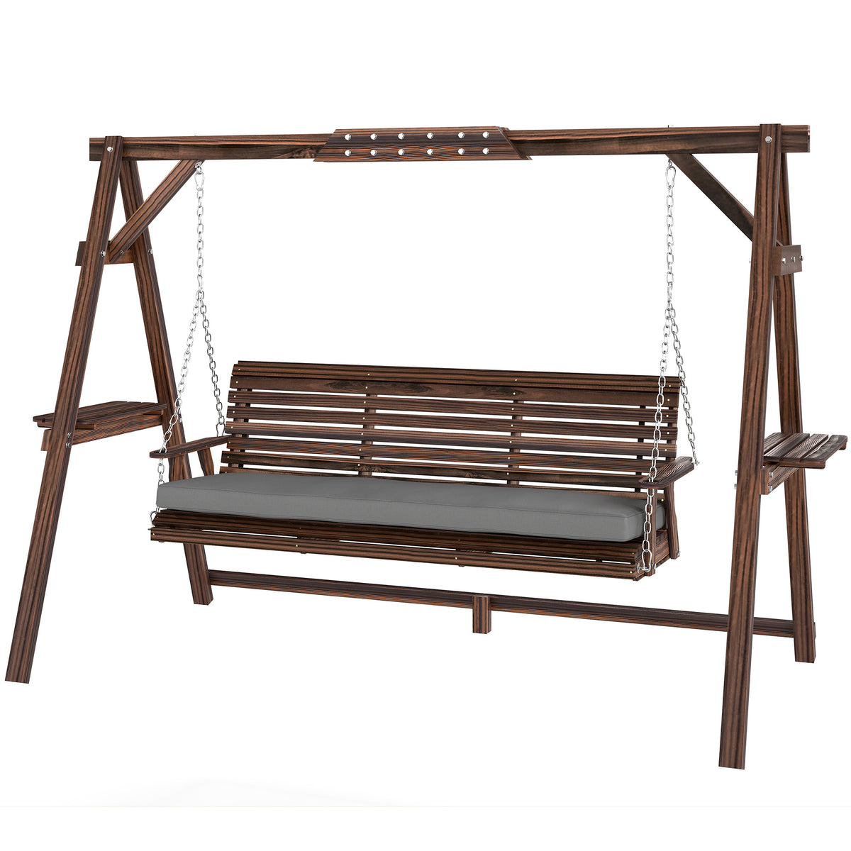 3 Seater Garden Swing Seat, Wooden Swing Chair Bench with Cushion, Side Trays and Metal Chains, for Outdoor Porch Patio, Carbonised Brown