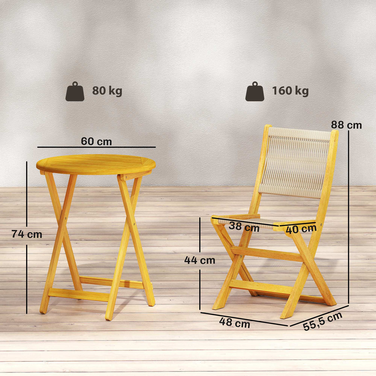 Balkonmöbel Set 3 teilig Polyrattan Holz klappbar Gartenmöbel Set mit Tisch 2 Stühle, Atmungsaktiv