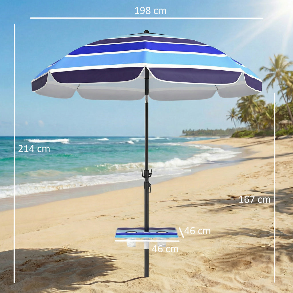 Sonnenschirm Strand Ø198 cm UV30+ Strandschirm mit klappbar Tisch Getränkehalter verstellbarer Neigung Mehrfarbig