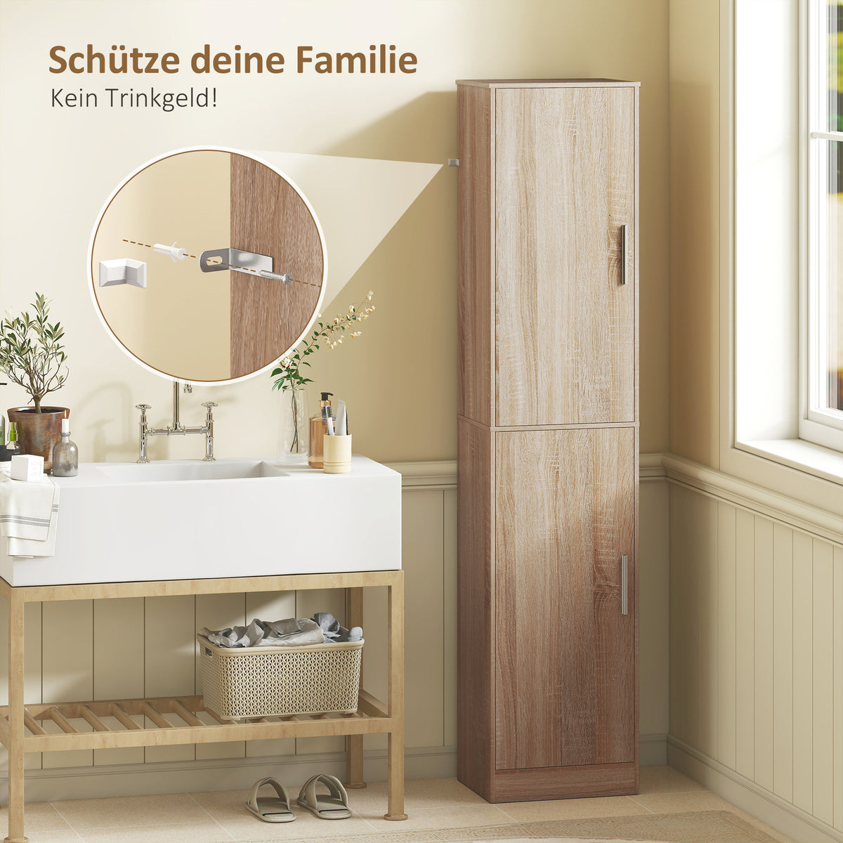 180 cm hoher Badezimmerschrank, schmaler Badschrank mit 2 Türen, 4 verstellbare Regale, Spanplatte, MDF, Naturholz