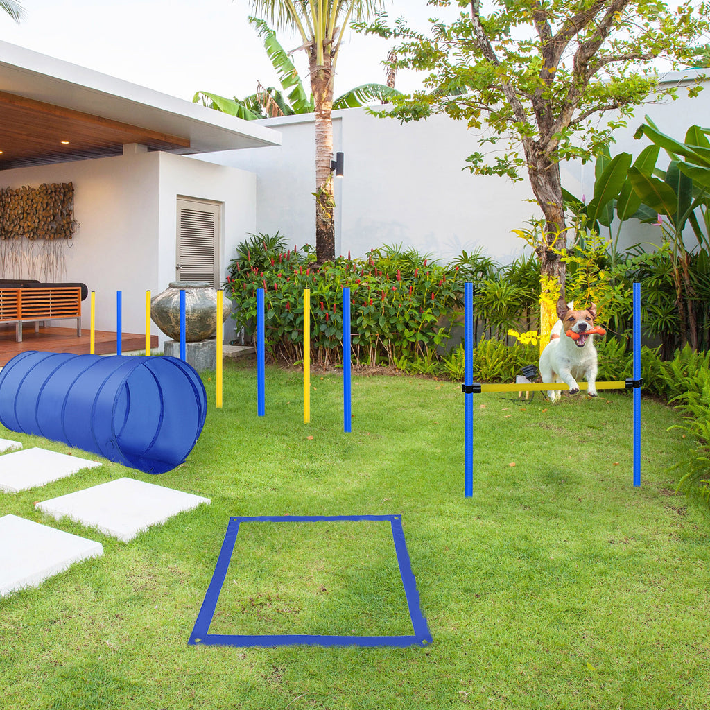 Agility Set Hunde, 4-teiliges Agility Ausrüstung mit Hundetunnel, Hürden, 8 Slalomstangen, Startfeld, Aufbewahrungstasche, Steckhürdenset für Hundetraining, Trainingsset für Hunde Gelb+Blau