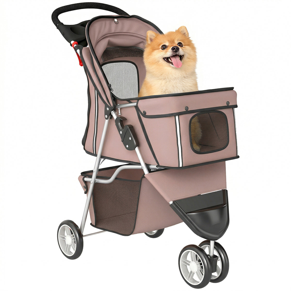 Dog Stroller, 3 Wheels Foldable Pet Stroller with Adjustable Canopy, Storage Basket for Small Mini Breeds, Coffee