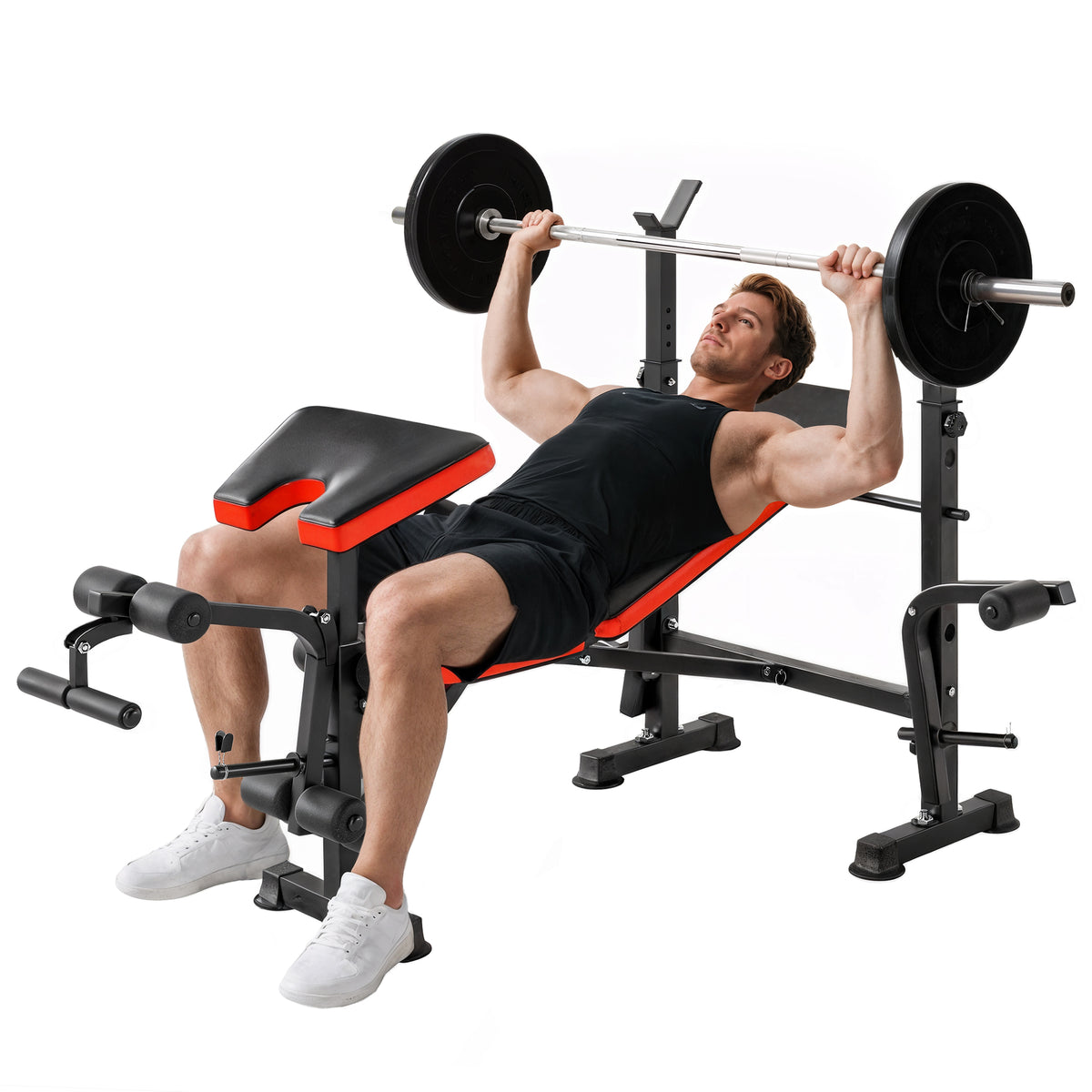 Hantelbank ohne Gewichte, verstellbare Fitnessbank für zahlreiche Übungen, Workout-Station, Stahl, Kunststoff, Schwarz+Rot