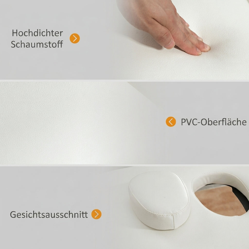 Mobile Massageliege 2 Zonen Klappbar Höhenverstellbar Massagetisch 60 cm Breit mit Tragetasche Holzfüßen Cremeweiß