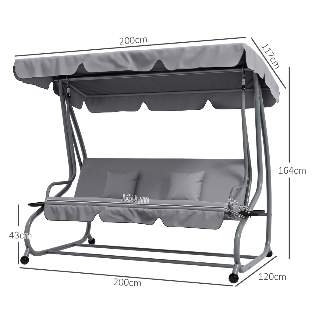 Three-Person garden Swing Chair, with Adjustable Canopy - Light Grey