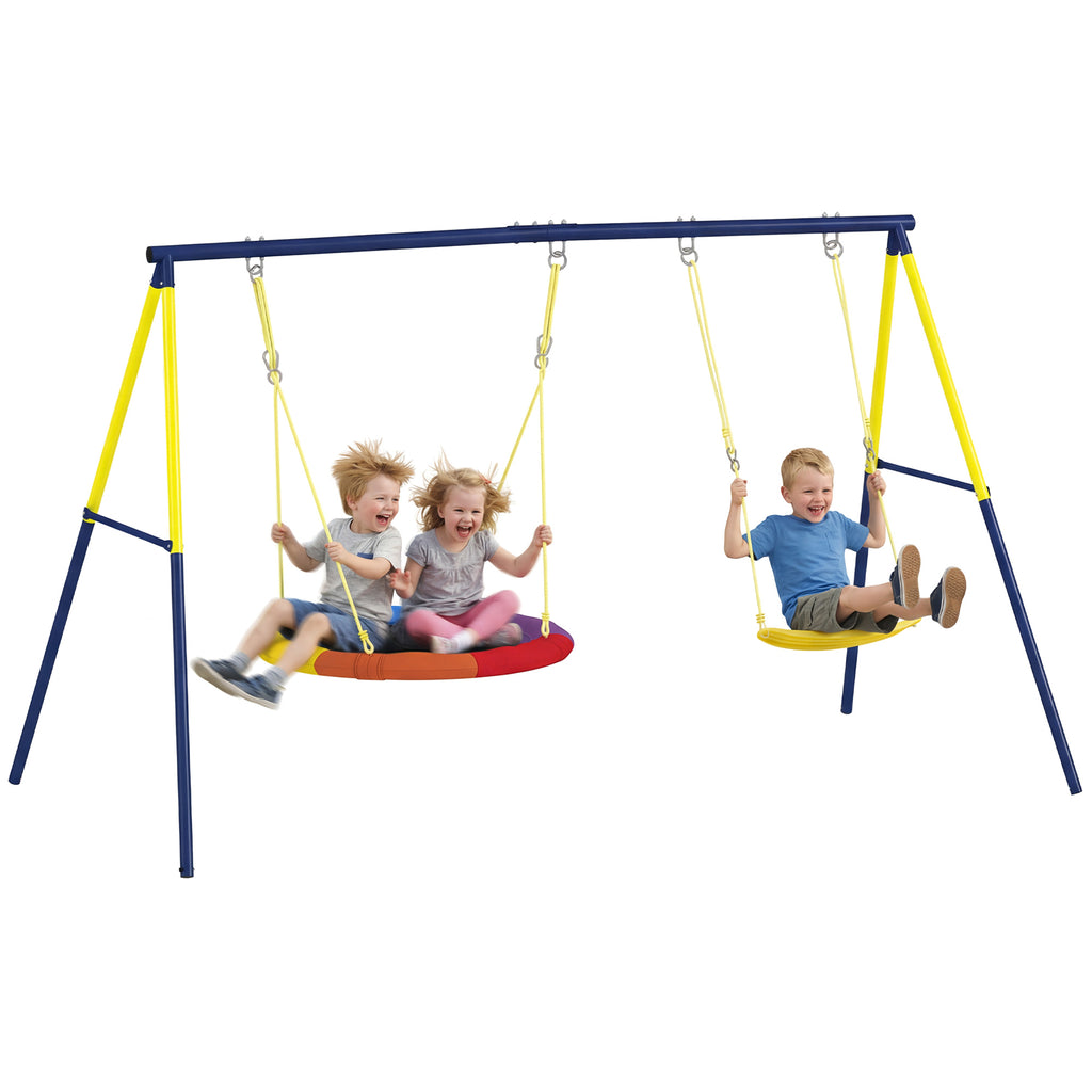 Kids Swing Set with Double Swings, Outdoor Playset with Adjustable Ropes, Metal Frame for Ages 3-8, 150kg Capacity