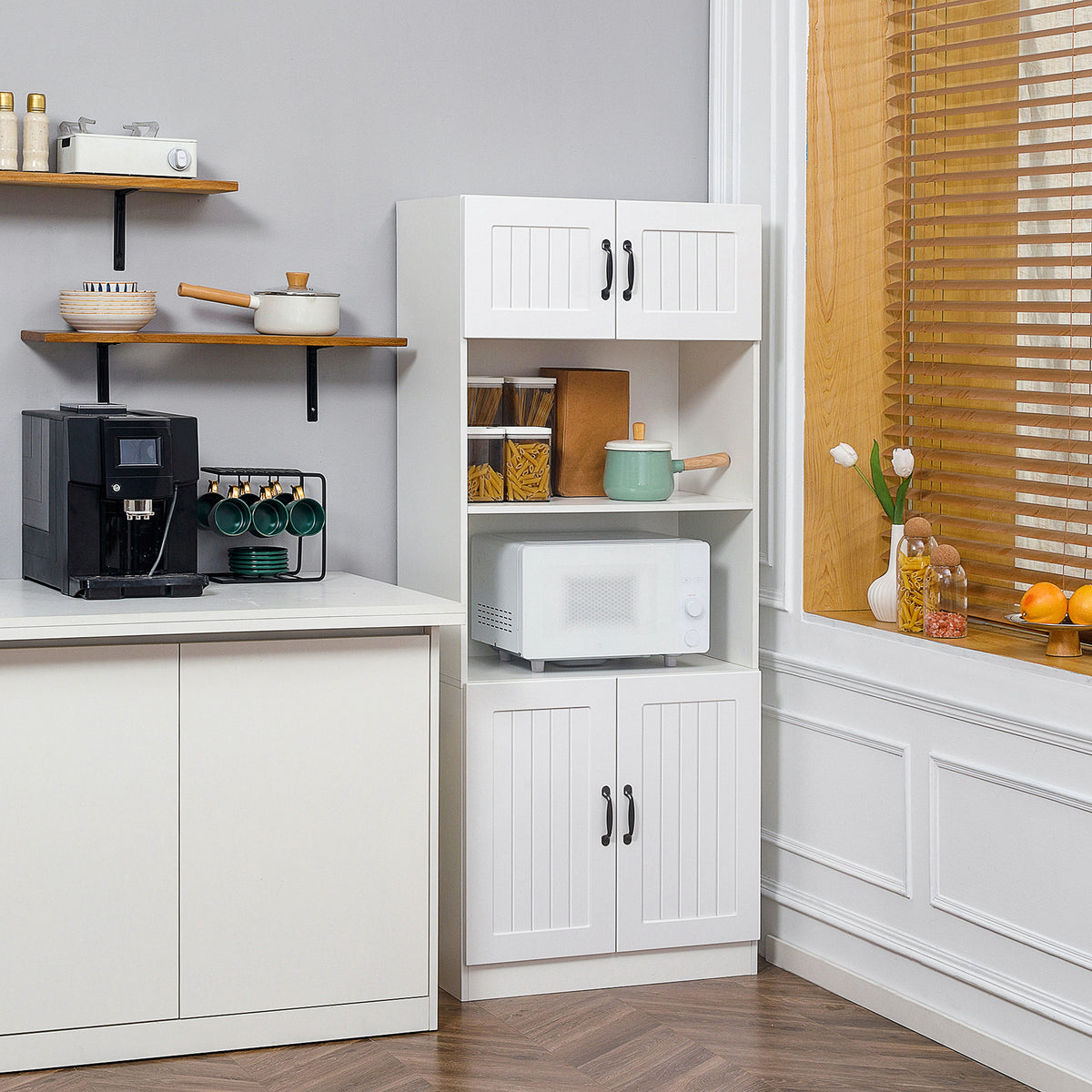 Küchenschrank Küchenbüffet Schrank, Landhausstil, 2 Schränke, 2 Regale, 70 cm x 40 cm x 170 cm Weiß + Schwarz