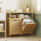 Double Tilt Out Bamboo Laundry Cabinet, Freestanding Bathroom Cabinet with 2 Removable Baskets, Natural