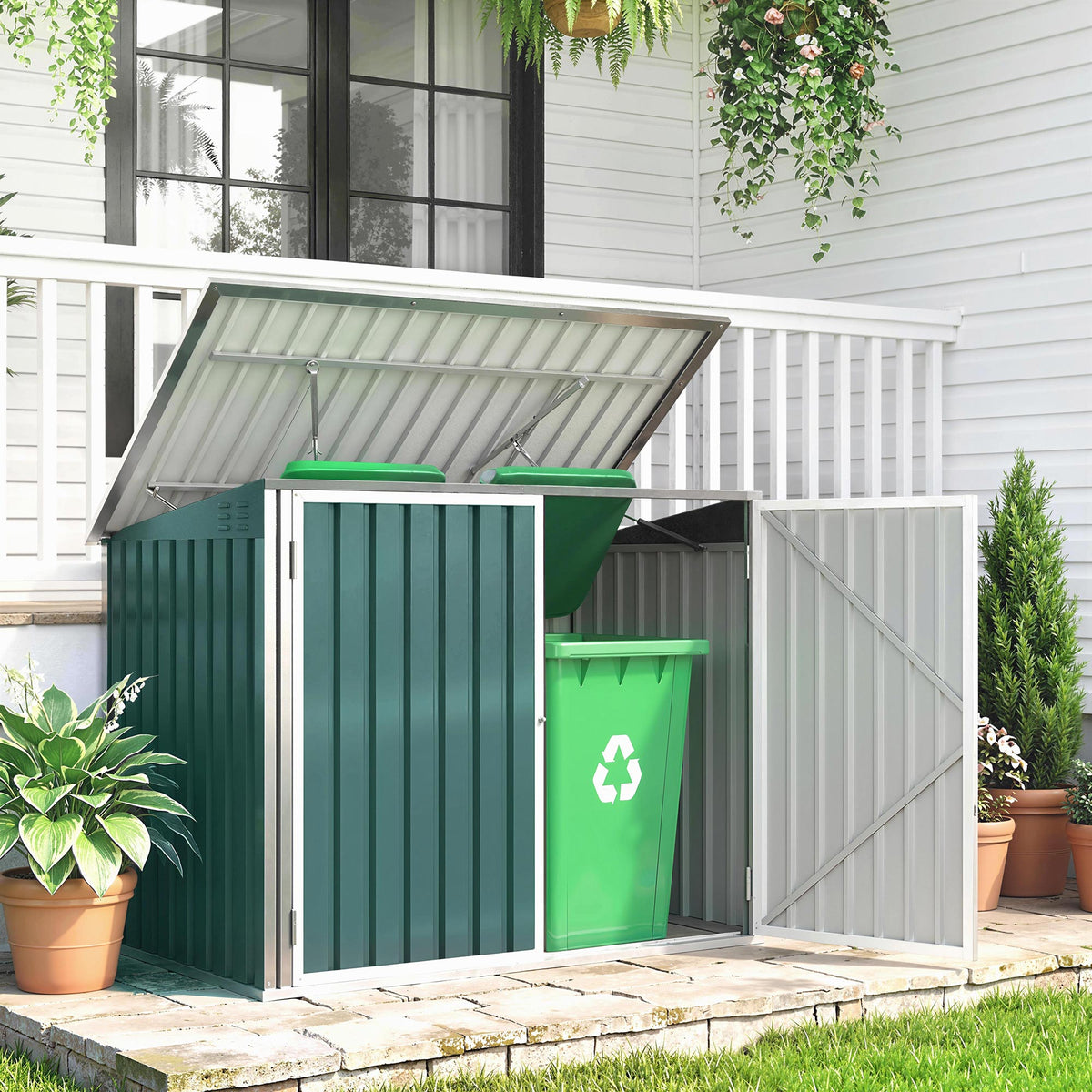 Mülltonnenbox Müllbox abschließbar Gerätebox mit Doppeltür Deckel für 2 Mülltonnen Stahl 179,5 x 108 x 129,5/113 cm Grün