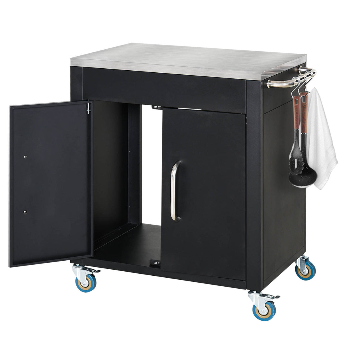 Küchenwagen mit Rollen, Servierwagen, Rollwagen mit Schrank, Haken und Edelstahlgriffe, Küchenhilfe, BBQ Grilltisch aus Edelstahl Küchentrolley, 86 x 50 x 86,5 cm Schwarz