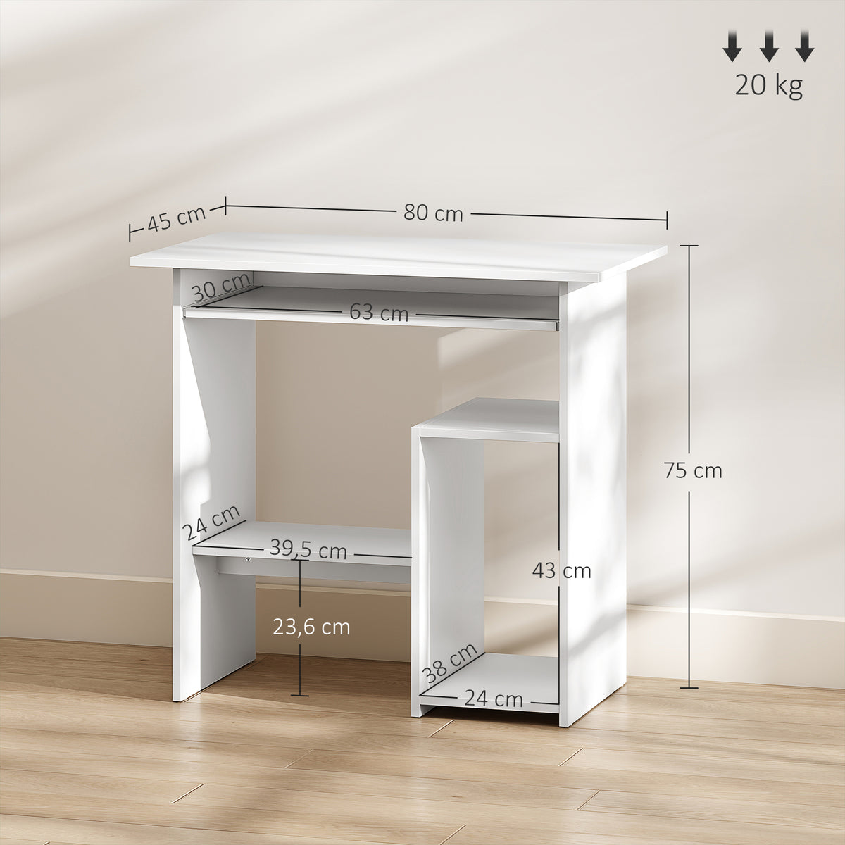 Computertisch, Schreibtisch, Spanplatte, Metall, 80 x 45 x 75 cm, Wei?