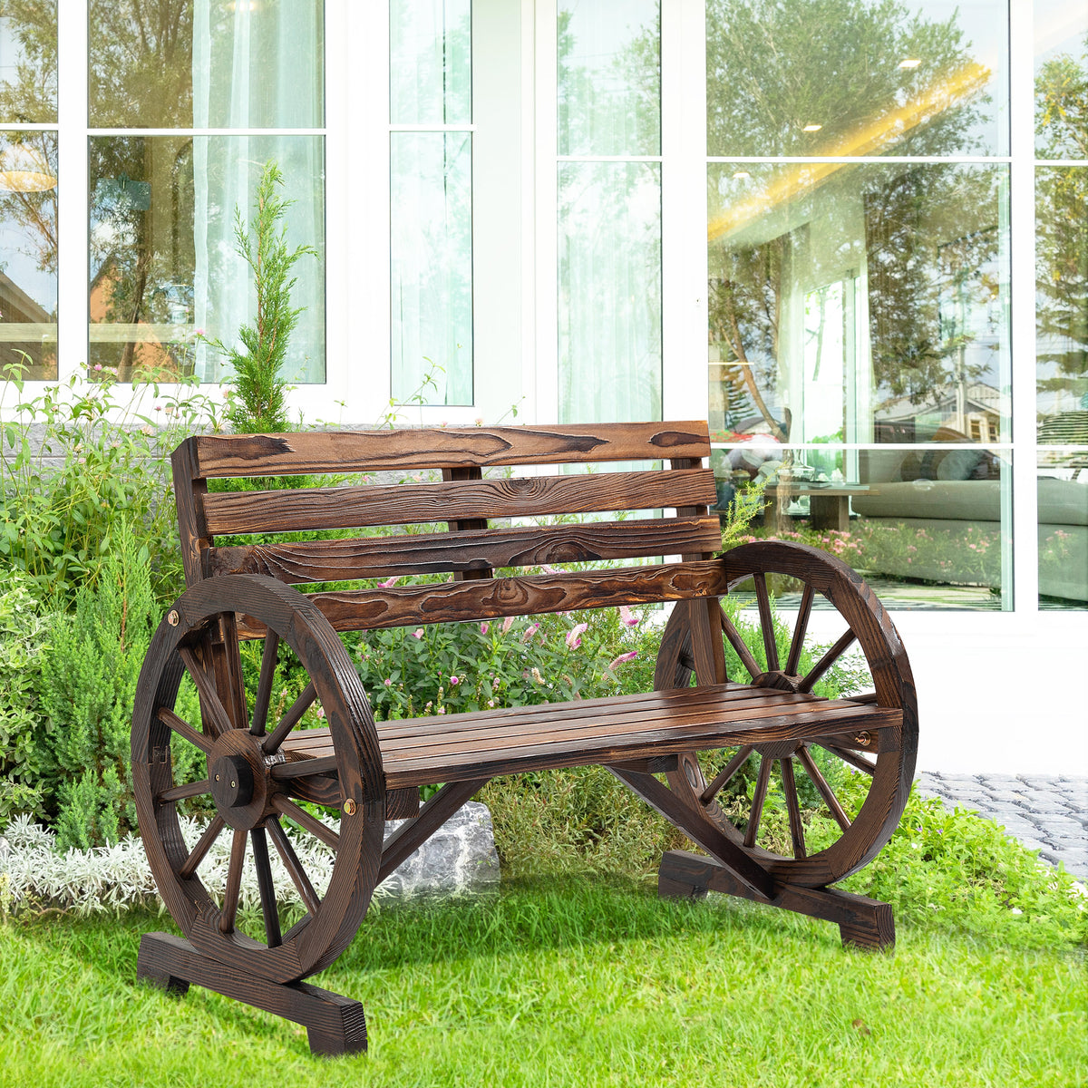 Gartenbank, Wagenrad-Design, für 2 Personen, Naturholz, dunkelbraun, 105,5 x 56 x 79cm