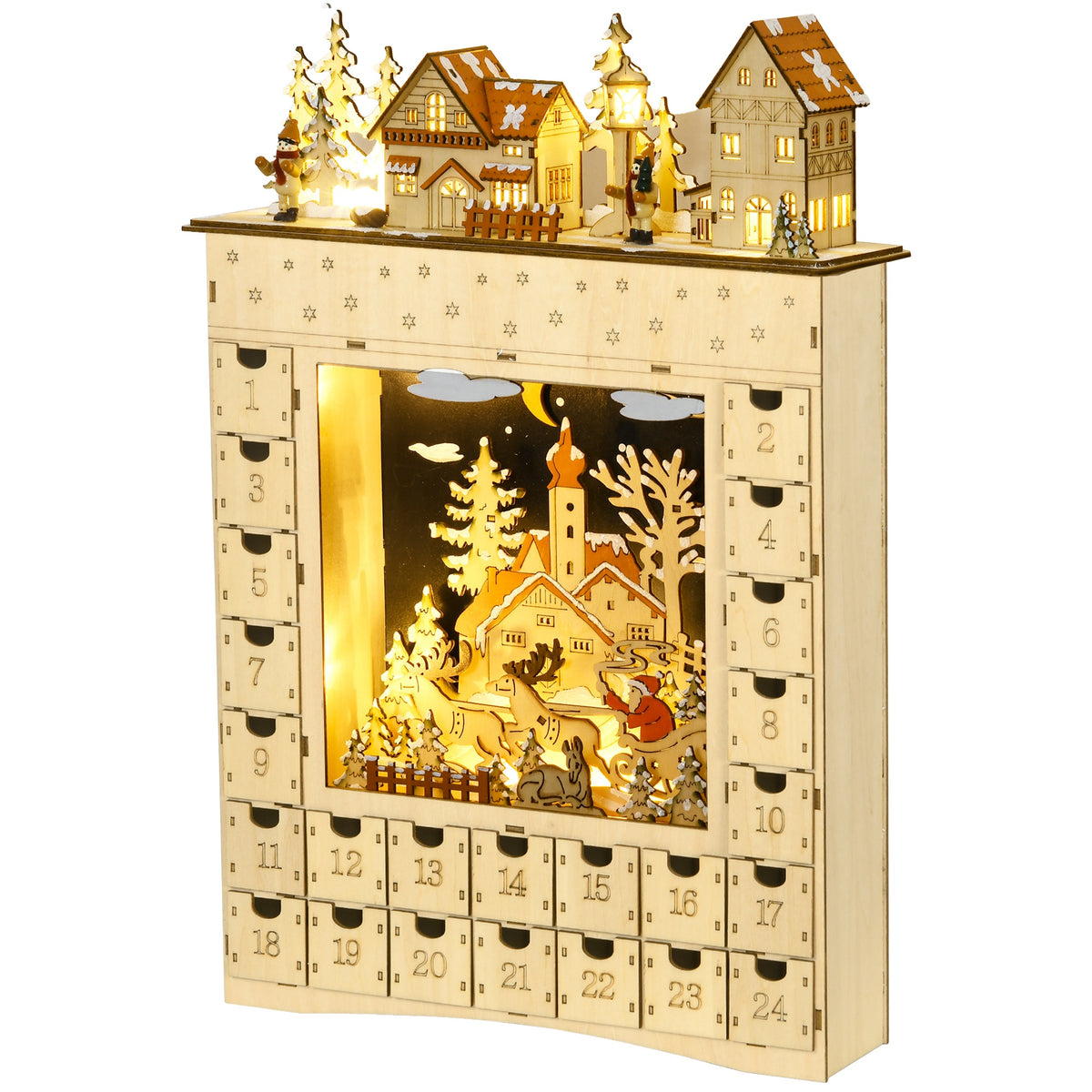 Adventskalender zum Befüllen 24 Schubladen Fächer Weihnachtskalender mit LED-Lichtern Naturholz 36 x 9 x 52 cm