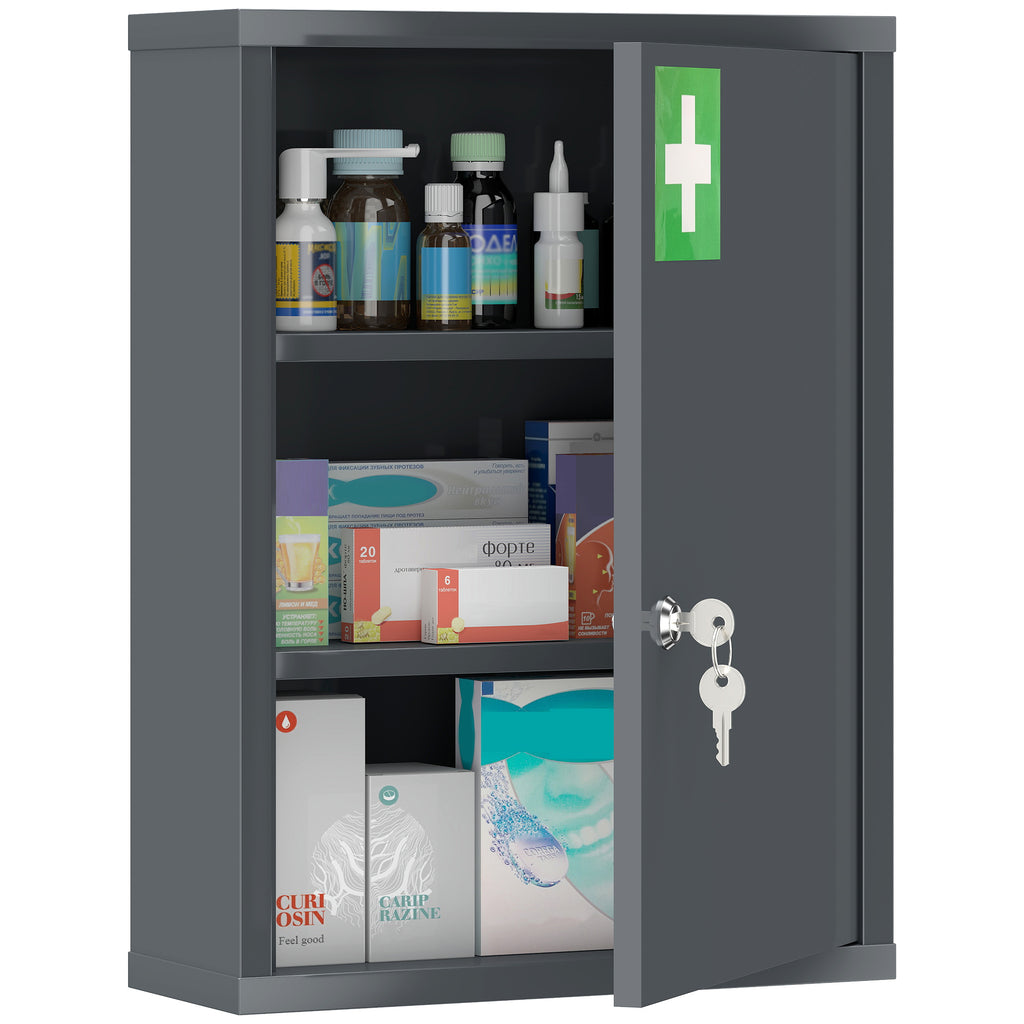 Medizinschrank zur Wandmontage mit Schloss, 3-stufiger Stahl-Wandschrank, 40 x 15 x 53,5 cm, Kohlegrau
