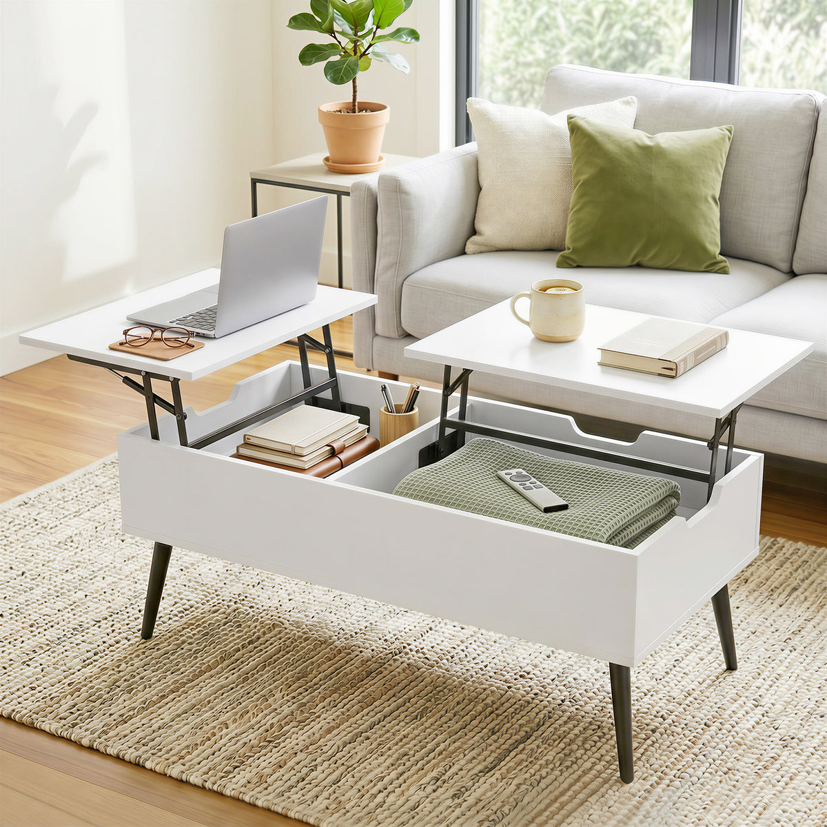 Couchtisch Höhenverstellbar Wohnzimmertisch mit Verstecktem Stauraum für Wohnzimmer, 50 x 100 cm, Weiß